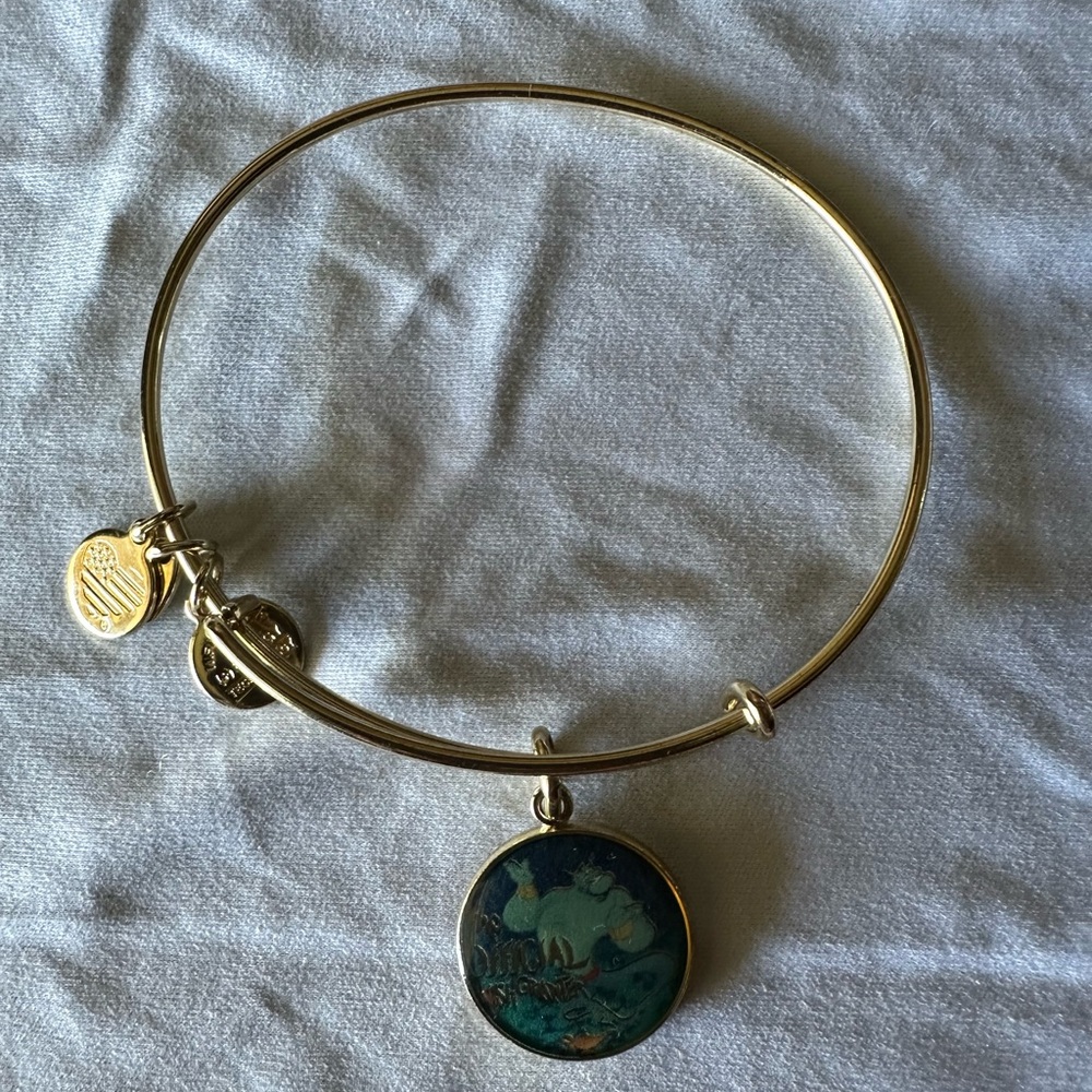 Alex & Ani Aladdin Gold Tone Round Charm Bangle Bracelet with Blue Green Pendant